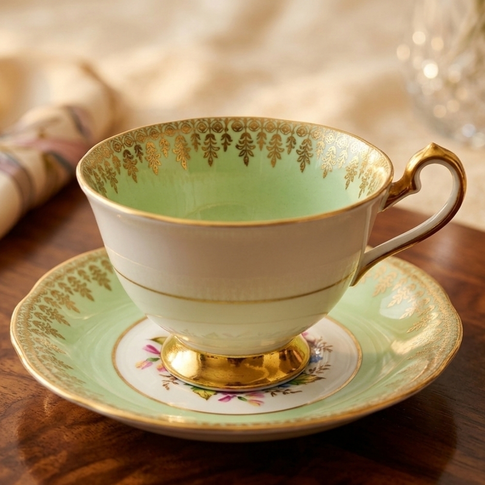 Queen Anne Mint Green Gold Filigree Floral Teacup Saucer Set Vintage China 4420